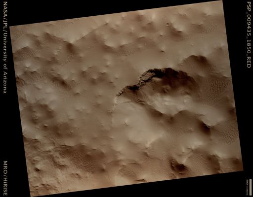 Layered Outcrop and associated Boulder Tracks, North of Pavonis Mons (possible True Colors; credits: Lunar Explorer Italia)
Mars Local Time: 15:25 (early afternoon)
Coord. (centered): 5,1° North Lat. and 246,7° East Long.
Spacecraft altitude: 266,0 Km (such as about 166,3 miles) 
Original image scale range: 26,6 cm/pixel (with 1 x 1 binning) so objects ~80 cm across are resolved 
Map projected scale: 25 cm/pixel 
Map projection: EQUIRECTANGULAR 
Emission Angle: 2,2° 
Phase Angle: 54,6°
Solar Incidence Angle: 53° (meaning that the Sun is about 37° above the Local Horizon)
Solar Longitude: 106,3° (Northern Summer)
Credits: NASA/JPL/University of Arizona
Additional process. and coloring: Lunar Explorer Italia
Parole chiave: Mars from orbit - Volcanic Regions - North of pavonis Mons