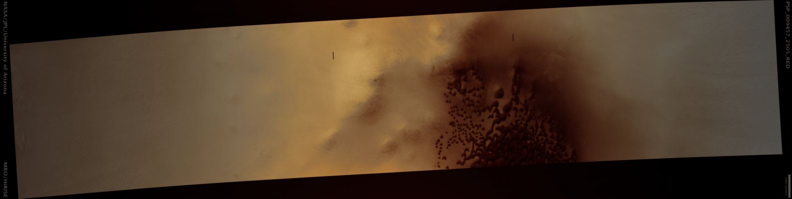 Northern Landscape (possible True Colors; credits: Lunar Explorer Italia)
Mars Local Time: 14:49 (early afternoon)
Coord. (centered): 70,0° North Lat. and 352,1° East Long.
Spacecraft altitude: 320,6 Km (such as about 200,4 miles) 
Original image scale range: 64,1 cm/pixel (with 1 x 1 binning) so objects ~1,92 mt across are resolved 
Map projected scale: 50 cm/pixel 
Map projection: EQUIRECTANGULAR 
Emission Angle: 8,6° 
Phase Angle: 60,0°
Solar Incidence Angle: 52° (meaning that the Sun is about 38° above the Local Horizon)
Solar Longitude: 107,1° (Northern Summer)
Credits: NASA/JPL/University of Arizona
Additional process. and coloring: Lunar Explorer Italia
Parole chiave: Mars from orbit - Northern Plains