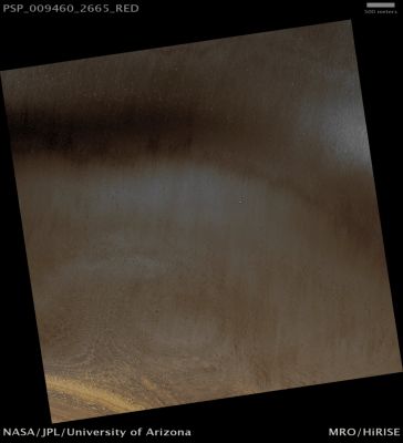 Small Crater on the North Polar Permanent Cap (possible True Colors; credits: Lunar Explorer Italia)
Mars Local Time: 12:06 (early afternoon)
Coord. (centered): 86,5° North Lat. and 227,9° East Long.
Spacecraft altitude: 317,5 Km (such as about 198,4 miles) 
Original image scale range: 31,8 cm/pixel (with 1 x 1 binning) so objects ~95 cm across are resolved 
Map projected scale: 25 cm/pixel 
Map projection: EQUIRECTANGULAR 
Emission Angle: 0,2° 
Phase Angle: 62,6°
Solar Incidence Angle: 62° (meaning that the Sun is about 28° above the Local Horizon)
Solar Longitude: 107,2° (Northern Summer)
Credits: NASA/JPL/University of Arizona
Additional process. and coloring: Lunar Explorer Italia
Parole chiave: Mars from orbit - North Polar Features - Small Imapct Crater