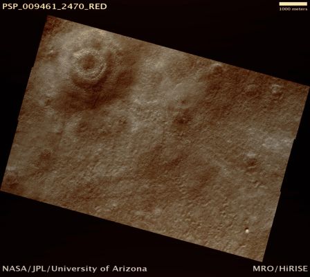 Monitoring the Northern Plains (possible True Colors; credits: Lunar Explorer Italia)
Mars Local Time: 15:01 (early afternoon)
Coord. (centered): 66,9° North Lat. and 246,0° East Long.
Spacecraft altitude: 312,6 Km (such as about 195,4 miles) 
Original image scale range: 31,3 cm/pixel (with 1 x 1 binning) so objects ~62,6 cm across are resolved 
Map projected scale: 25 cm/pixel 
Map projection: EQUIRECTANGULAR 
Emission Angle: 0,3° 
Phase Angle: 51,4°
Solar Incidence Angle: 51° (meaning that the Sun is about 39° above the Local Horizon)
Solar Longitude: 107,2° (Northern Summer)
Credits: NASA/JPL/University of Arizona
Additional process. and coloring: Lunar Explorer Italia
Parole chiave: Mars from orbit - Northern Plains