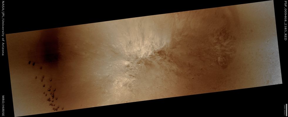 Central Peak of an Unnamed Crater in the Northern Plains (possible True Colors; credits: Lunar Explorer Italia)
Mars Local Time: 15:13 (early afternoon)
Coord. (centered): 57,9° North Lat. and 58,7° East Long.
Spacecraft altitude: 310,8 Km (such as about 194,2 miles) 
Original image scale range: 31,1 cm/pixel (with 1 x 1 binning) so objects ~93 cm across are resolved 
Map projected scale: 25 cm/pixel 
Map projection: EQUIRECTANGULAR 
Emission Angle: 6,1° 
Phase Angle: 42,5°
Solar Incidence Angle: 48° (meaning that the Sun is about 42° above the Local Horizon)
Solar Longitude: 107,4° (Northern Summer)
Credits: NASA/JPL/University of Arizona
Additional process. and coloring: Lunar Explorer Italia
Parole chiave: Mars from orbit - Northern Plains