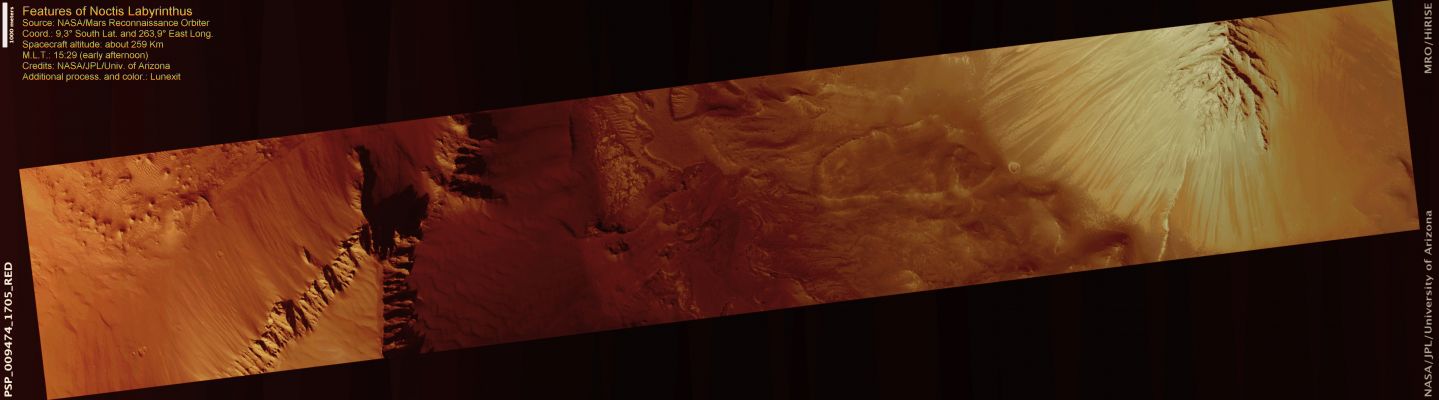 Water Bearing Minerals in Noctis Labyrinthus (natural colors; credits: Lunexit)
Noctis Labyrinthus consists of a series of Pits on the western end of the large Valles Marineris Canyon System. 

The HiRISE camera and the CRISM Spectrometer have revealed that the floors of some of these Pits exhibit layered rocks, or strata, that contain minerals with water. These Pits were formed several billion years ago, therefore the rocks and sediments on their floors record evidence of water during this period of Mars’ history.
The walls of the Pits are commonly covered with dust and other loose sediments that form dunes and dune-like forms, and in many cases the floors of the pits are also covered with these materials. This image shows an example of light-toned layers exposed beneath these sediments and dunes, and CRISM data show that these layers have hydrated minerals.

The dark-brown/orange tones in this natural color image correspond to areas with more Pyroxene, a mineral found in volcanic rocks and Martian Dust. Some Pits, such as this one, appear to have deposits associated with large landslides that are younger than the hydrated minerals and partially bury them.
Parole chiave: Mars from orbit - Noctis Labyrinthus