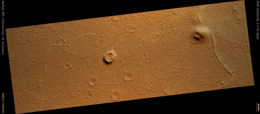 Cratered Cones in Zephyria Planum (False Colors; credits: Lunar Explorer Italia)
Mars Local Time: 15:21 (early afternoon)
Coord. (centered): 3,1° South Lat. and 152,3° East Long.
Spacecraft altitude: 286,5 Km (such as about 179,0 miles) 
Original image scale range: 28,7 cm/pixel (with 1 x 1 binning) so objects ~86 cm across are resolved 
Map projected scale: 25 cm/pixel 
Map projection: EQUIRECTANGULAR 
Emission Angle: 20,4° 
Phase Angle: 72,7°
Solar Incidence Angle: 56° (meaning that the Sun is about 34° above the Local Horizon)
Solar Longitude: 107,8° (Northern Summer)
Credits: NASA/JPL/University of Arizona
Additional process. and coloring: Lunar Explorer Italia
Parole chiave: Mars from orbit - Cones - Zephyria Planum