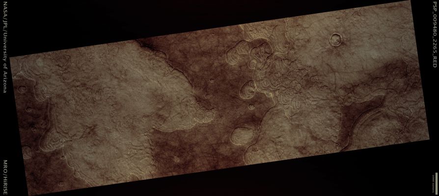 Layers and Scallops (True Colors; credits: Lunar Explorer Italia)
Mars Local Time: 15:10 (early afternoon)
Coord. (centered): 45,9° North Lat. and 91,1° East Long.
Spacecraft altitude: 306,6 Km (such as about 191,6 miles) 
Original image scale range: 30,7 cm/pixel (with 1 x 1 binning) so objects ~92 cm across are resolved 
Map projected scale: 25 cm/pixel 
Map projection: EQUIRECTANGULAR 
Emission Angle: 11,8° 
Phase Angle: 55,8°
Solar Incidence Angle: 44° (meaning that the Sun is about 46° above the Local Horizon)
Solar Longitude: 107,9° (Northern Summer)
Credits: NASA/JPL/University of Arizona
Additional process. and coloring: Lunar Explorer Italia
Parole chiave: mars from orbit - Layers and Scalloped Terrain