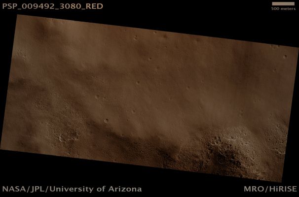 Northern Surface (possible True Colors; credits: Lunar Explorer Italia)
Mars Local Time: 15:41 (middle afternoon)
Coord. (centered): 51,8° North Lat. and 304,8° East Long.
Spacecraft altitude: 304,5 Km (such as about 190,3 miles) 
Original image scale range: 121,8 cm/pixel (with 1 x 1 binning) so objects ~3,66 mt across are resolved 
Map projected scale: 1 mt/pixel 
Map projection: EQUIRECTANGULAR 
Emission Angle: 0,3° 
Phase Angle: 90,0°
Solar Incidence Angle: 90° (meaning that the Sun is about 0° above the Local Horizon)
Solar Longitude: 108,3° (Northern Summer)
Credits: NASA/JPL/University of Arizona
Additional process. and coloring: Lunar Explorer Italia
Parole chiave: Mars from orbit - Northern Mid-Latitudes