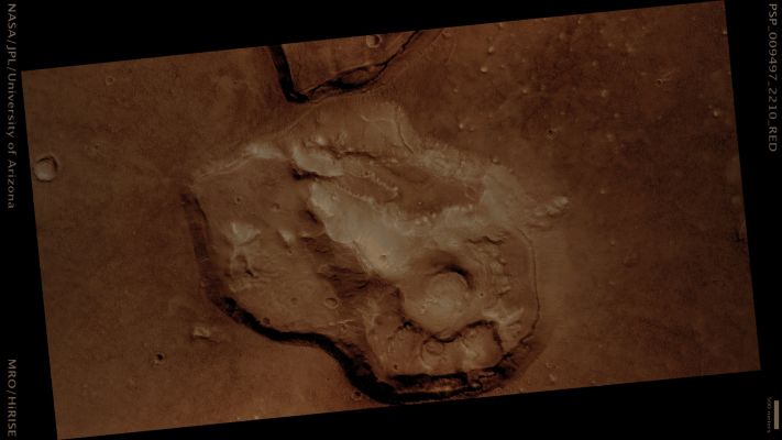 Eroded Mesa in Western Cydonia Region (possible True Colors; credits: Lunar Explorer Italia)
Mars Local Time: 15:25 (early afternoon)
Coord. (centered): 40,7° North Lat. and 351,0° East Long.
Spacecraft altitude: 307,8 Km (such as about 192,4 miles) 
Original image scale range: 30,8 cm/pixel (with 1 x 1 binning) so objects ~92 cm across are resolved 
Map projected scale: 25 cm/pixel 
Map projection: EQUIRECTANGULAR 
Emission Angle: 14,8° 
Phase Angle: 31,0°
Solar Incidence Angle: 46° (meaning that the Sun is about 44° above the Local Horizon)
Solar Longitude: 108,5° (Northern Summer)
Credits: NASA/JPL/University of Arizona
Additional process. and coloring: Lunar Explorer Italia
Parole chiave: Mars from orbit - Cydonia Region