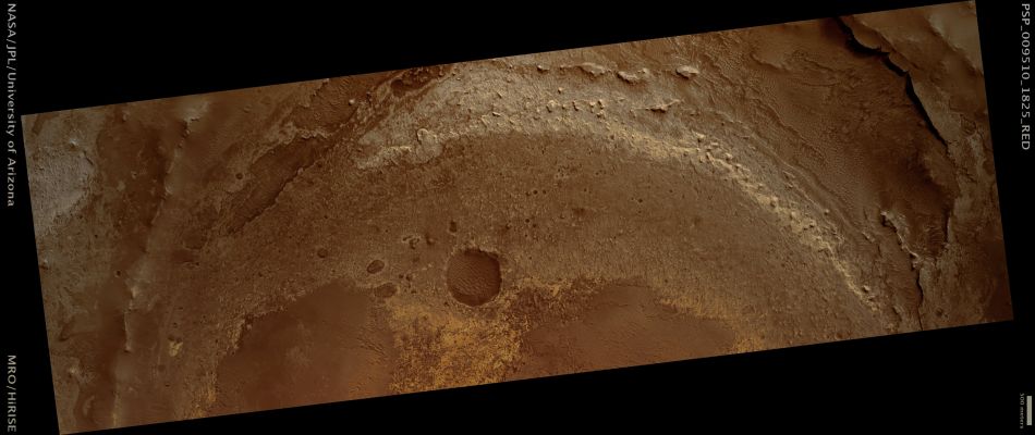 Unnamed Crater with Deposits in Meridiani Planum (Absolute Natural Colors; credits for the additional process. and color.: Dr Paolo C. Fienga - Lunar Explorer Italia)
Mars Local Time: 15:28 (early afternoon)
Coord. (centered): 2,4° North Lat. and 359,9° West Long.
Spacecraft altitude: 272,1 Km (such as about 170,1 miles) 
Original image scale range: 27,2 cm/pixel (with 1 x 1 binning) so objects ~82 cm across are resolved 
Map projected scale: 25 cm/pixel 
Map projection: EQUIRECTANGULAR 
Emission Angle: 4,1° 
Phase Angle: 51,3°
Solar Incidence Angle: 55° (meaning that the Sun is about 35° above the Local Horizon)
Solar Longitude: 108,9° (Northern Summer)
Credits: NASA/JPL/University of Arizona
Additional process. and coloring: Lunar Explorer Italia
Parole chiave: Mars from orbit - Craters - Unnamed Crater in Meridiani Planum
