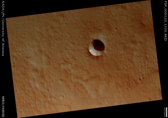 Very recent small Impact Crater near Hadriaca Patera (Enhanced and Saturated Natural Colors; credits for the additional process. and color.: Dr Paolo C. Fienga - Lunar Explorer Italia)
Mars Local Time: 15:35 (middle afternoon)
Coord. (centered): 27,9° South Lat. and 90,7° East Long.
Spacecraft altitude: 256,9 Km (such as about 160,5 miles) 
Original image scale range: 51,4 cm/pixel (with 1 x 1 binning) so objects ~1,54 mt across are resolved 
Map projected scale: 50 cm/pixel 
Map projection: EQUIRECTANGULAR 
Emission Angle: 4,1° 
Phase Angle: 70,5°
Solar Incidence Angle: 73° (meaning that the Sun is about 17° above the Local Horizon)
Solar Longitude: 109,3° (Northern Summer)
Credits: NASA/JPL/University of Arizona
Additional process. and coloring: Lunar Explorer Italia
Parole chiave: Mars from orbit - Craters - Unnamed Recent Crater near Hadriaca Patera