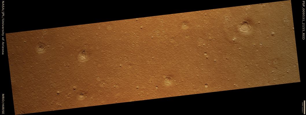 Pits near Galaxias Region (Natural Colors; credits for the additional process. and color.: Dr Paolo C. Fienga - Lunar Explorer Italia)
Mars Local Time: 15:21 (early afternoon)
Coord. (centered): 35,2° North Lat. and 142,2° East Long.
Spacecraft altitude: 296,1 Km (such as about 185,1 miles) 
Original image scale range: 59,3 cm/pixel (with 1 x 1 binning) so objects ~1,78 mt across are resolved 
Map projected scale: 50 cm/pixel 
Map projection: EQUIRECTANGULAR 
Emission Angle: 2,3° 
Phase Angle: 42,6°
Solar Incidence Angle: 45° (meaning that the Sun is about 45° above the Local Horizon)
Solar Longitude: 109,7° (Northern Summer)
Credits: NASA/JPL/University of Arizona
Additional process. and coloring: Lunar Explorer Italia
Parole chiave: Mars from orbit - Pit Craters