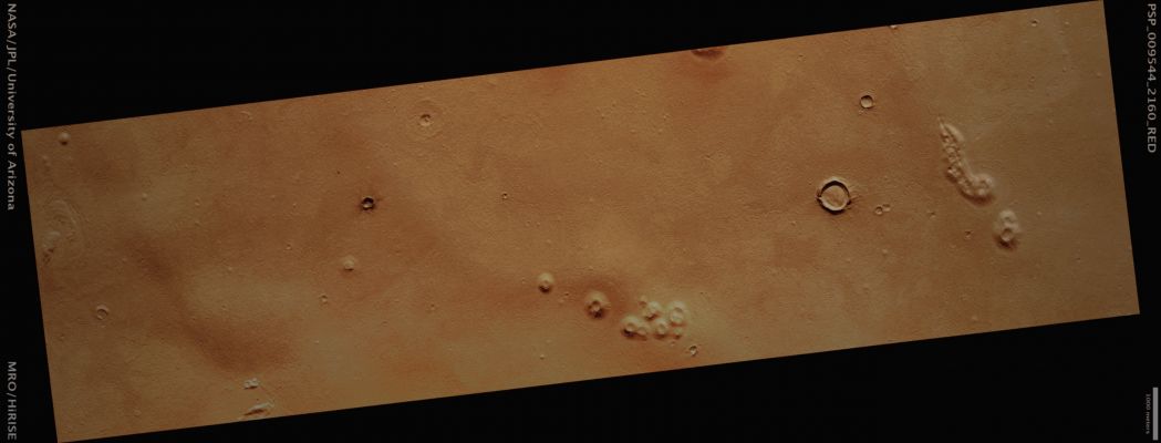 Cratered Cones in Galaxias Colles (Saturated Natural Colors; credits for the additional process. and color.: Dr Paolo C. Fienga - Lunar Explorer Italia)
Mars Local Time: 15:20 (early afternoon)
Coord. (centered): 35,7° North Lat. and 147,0° East Long.
Spacecraft altitude: 295,9 Km (such as about 185,0 miles) 
Original image scale range: 29,6 cm/pixel (with 1 x 1 binning) so objects ~89 cm across are resolved 
Map projected scale: 25 cm/pixel 
Map projection: EQUIRECTANGULAR 
Emission Angle: 0,8° 
Phase Angle: 44,1°
Solar Incidence Angle: 45° (meaning that the Sun is about 45° above the Local Horizon)
Solar Longitude: 110,1° (Northern Summer)
Credits: NASA/JPL/University of Arizona
Additional process. and coloring: Lunar Explorer Italia
Parole chiave: Mars from orbit - Cratered Cones - Galaxias Colles Region