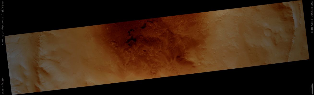 Dark Material on the Floor of an Unnamed Crater (Enhanced Natural Colors; credits for the additional process. and color.: Dr Paolo C. Fienga - Lunar Explorer Italia)
Mars Local Time: 15:27 (early afternoon)
Coord. (centered): 10,3° North Lat. and 297,2° East Long.
Spacecraft altitude: 273,8 Km (such as about 171,1 miles) 
Original image scale range: 27,4 cm/pixel (with 1 x 1 binning) so objects ~82 cm across are resolved 
Map projected scale: 25 cm/pixel 
Map projection: EQUIRECTANGULAR 
Emission Angle: 2,5° 
Phase Angle: 48,8°
Solar Incidence Angle: 51° (meaning that the Sun is about 39° above the Local Horizon)
Solar Longitude: 110,9° (Northern Summer)
Credits: NASA/JPL/University of Arizona
Additional process. and coloring: Lunar Explorer Italia
Parole chiave: Mars from orbit - Craters - Unnamed Crater