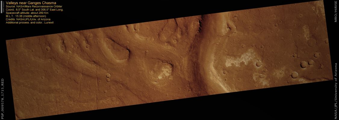 Valleys Near Ganges Chasma (natural colors; credits: Lunexit)
Several valleys as well as light-toned material are visible in this HiRISE image of a portion of Allegheny Vallis along the Plains West of Ganges Chasma.

The main valley, which starts in a pit called Ophir Cavus and extends for 155 Km into Ganges Chasma, is visible in the center of the image from left to right. Smaller and shallower valleys can be seen mostly to the north (Sx) of the image. 
The observation that there are several valleys here suggests that water flowed for some extended period of time or multiple times in order to change direction and produce different valleys. 

Light-toned material is visible on the upper surfaces of the plains but not inside the valleys, perhaps because smaller amounts of water could interact with the lava plains at these higher elevations, while in the valleys larger amounts of flowing water eroded and removed the plains unit. The light-toned nature on the upper surfaces could have resulted from chemical alteration of the lava plains or deposition of evaporites as the water disappeared and left behind minerals once carried in the water.
Parole chiave: Mars from orbit - Ganges Chasma