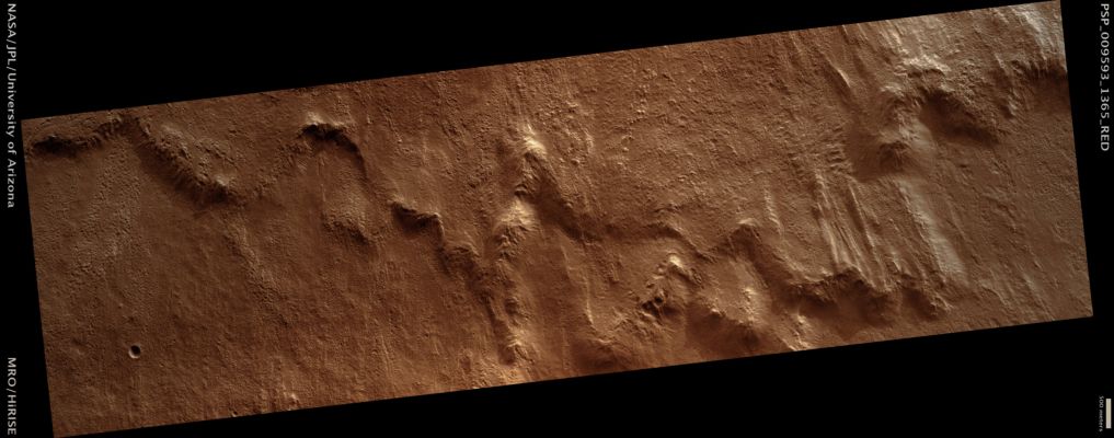 Geometry of Ramparts for Crater in Middle Southern Latitudes (possible True Colors; credits: Lunar Explorer Italia)
Mars Local Time: 15:35 (middle afternoon)
Coord. (centered): 43,4° South Lat. and 258,9° East Long.
Spacecraft altitude: 251,3 Km (such as about 157,0 miles) 
Original image scale range: 50,3 cm/pixel (with 1 x 1 binning) so objects ~1,51 mt across are resolved 
Map projected scale: 50 cm/pixel 
Map projection: EQUIRECTANGULAR 
Emission Angle: 8,3° 
Phase Angle: 88,9°
Solar Incidence Angle: 83° (meaning that the Sun is about 7° above the Local Horizon)
Solar Longitude: 111,9° (Northern Summer)
Credits: NASA/JPL/University of Arizona
Additional process. and coloring: Lunar Explorer Italia
Parole chiave: Mars from orbit - Craters - Unnamed Crater with Ramparts