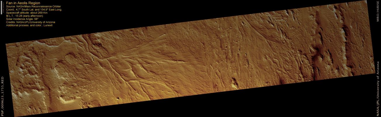 Fan in Aeolis Planum Region (natural colors; credits: Lunexit)
This image shows a "Fan" of long raised ridges in the Aeolis Region of Mars. 
These ridges are thought to be Inverted Stream Channels, where formerly low-lying streambeds have been hardened and then turned into ridges when the surrounding material was eroded. 
This can occur if the stream deposited minerals, filling in pore spaces and hardening the streambed. 

The assortment of ridges here is extremely complex, with strands cutting across each other. However, the actual stream system here could have been simpler, with ridges preserving different time periods in the history of the system. This possibility is supported by several sites where one ridge runs smoothly across another without disruption. One way for this to occur would be to have one streambed hardened and buried, with the stream subsequently changing course and cutting across its buried old route. 

Although not all of the channels were active at once, this site clearly preserves a complex history, probably requiring thousands of years to fo
Parole chiave: Mars from orbit - Fan - Aeolis Planum Region