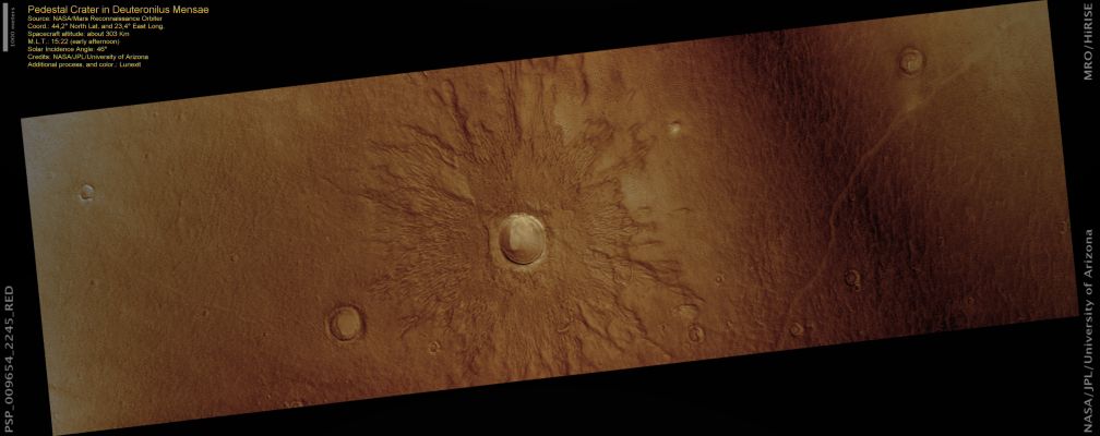 Pedestal Crater in Deuteronilus Mensae (natural colors; credits: Lunexit)
This crater with spectacular ejecta is located in the Northern Mid-Latitudes in the Deuteronilus Mensae, located near the dichotomy boundary, where the Southern Highlands transition into the Northern Lowlands.

The crater has raised, fluidized ejecta. Scientists think that fluidized ejecta forms when an impact occurs into ice-rich material. The interior of the crater shows some material, particularly on the West wall, that has detached and is flowing into the crater center. This suggests the presence of ground ice.
Parole chiave: Mars from orbit - Craters - Unnamed Crater with Pedestal in Deuteronilus Mensae Region