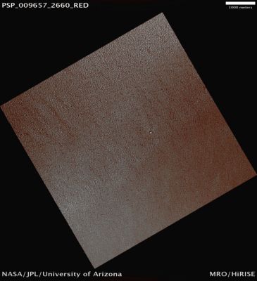 Small Crater on the North Polar Layered Deposits (possible True Colors; credits: Lunar Explorer Italia)
Mars Local Time: 12:33 (early afternoon)
Coord. (centered): 86,0° North Lat. and 255,9° East Long.
Spacecraft altitude: 317,4 Km (such as about 198,4 miles) 
Original image scale range: 31,8 cm/pixel (with 1 x 1 binning) so objects ~95 cm across are resolved 
Map projected scale: 25 cm/pixel 
Map projection: EQUIRECTANGULAR 
Emission Angle: 1,7° 
Phase Angle: 64,5°
Solar Incidence Angle: 63° (meaning that the Sun is about 27° above the Local Horizon)
Solar Longitude: 114,2° (Northern Summer)
Credits: NASA/JPL/University of Arizona
Additional process. and coloring: Lunar Explorer Italia
Parole chiave: Mars from orbit - North Polar Layered Deposits - Small Imapct Crater