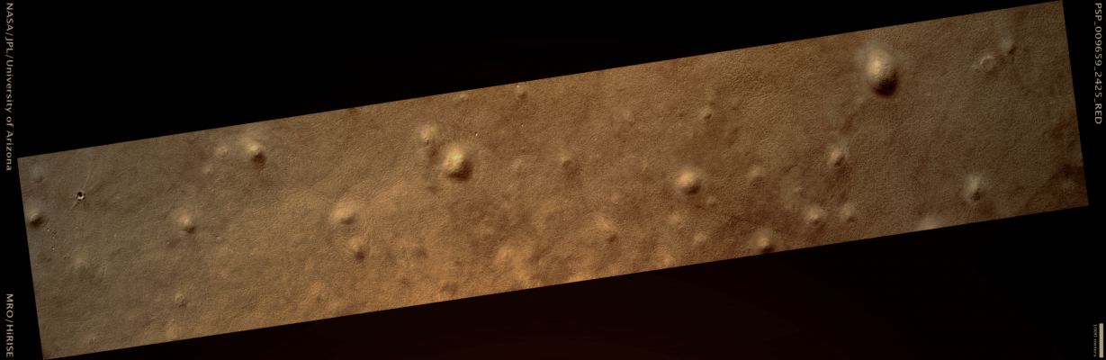 Terrain in Vastitas Borealis (possible True Colors; credits: Lunar Explorer Italia)
Mars Local Time: 15:08 (early afternoon)
Coord. (centered): 62,4° North Lat. and 241,9° East Long.
Spacecraft altitude: 309,5 Km (such as about 193,4 miles) 
Original image scale range: 61,9 cm/pixel (with 1 x 1 binning) so objects ~1,86 mt across are resolved 
Map projected scale: 50 cm/pixel 
Map projection: EQUIRECTANGULAR 
Emission Angle: 0,3° 
Phase Angle: 50,8°
Solar Incidence Angle: 51° (meaning that the Sun is about 39° above the Local Horizon)
Solar Longitude: 114,3° (Northern Summer)
Credits: NASA/JPL/University of Arizona
Additional process. and coloring: Lunar Explorer Italia
Parole chiave: Mars from orbit - Vastitas Borealis