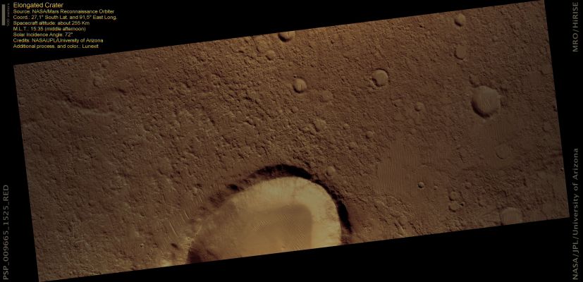 Elongated Crater (natural colors; credits: Lunexit)
This scene captures about half of a crater with an elongated rim. 

When craters form, they typically have a circular shape. This crater has been modified since it formed, possibly by tectonic processes or excavation, although its raised rim indicates that these processes have not heavily eroded the rim since formation.
The terrain surrounding the crater consists of megaripples, degraded craters, and rough terrain, possibly due to ancient lava flows from the nearby Hadriaca Patera. 

Determining the age of these features and the processes that formed them may be possible; one such process is the interaction between the ripples and bedrock. The Transverse Aeolian Ripples (or "TARs") with a N-S wind direction appear to be lithified because the rugged bedrock, impact craters, and ejecta overlay the ripples, indicating that the ripples are older. 
In the larger craters, brighter (possibly newer) ripples suggest a dominant wind direction from the North-West.
Parole chiave: Mars from orbit - Craters - Unnamed Elongated Crater