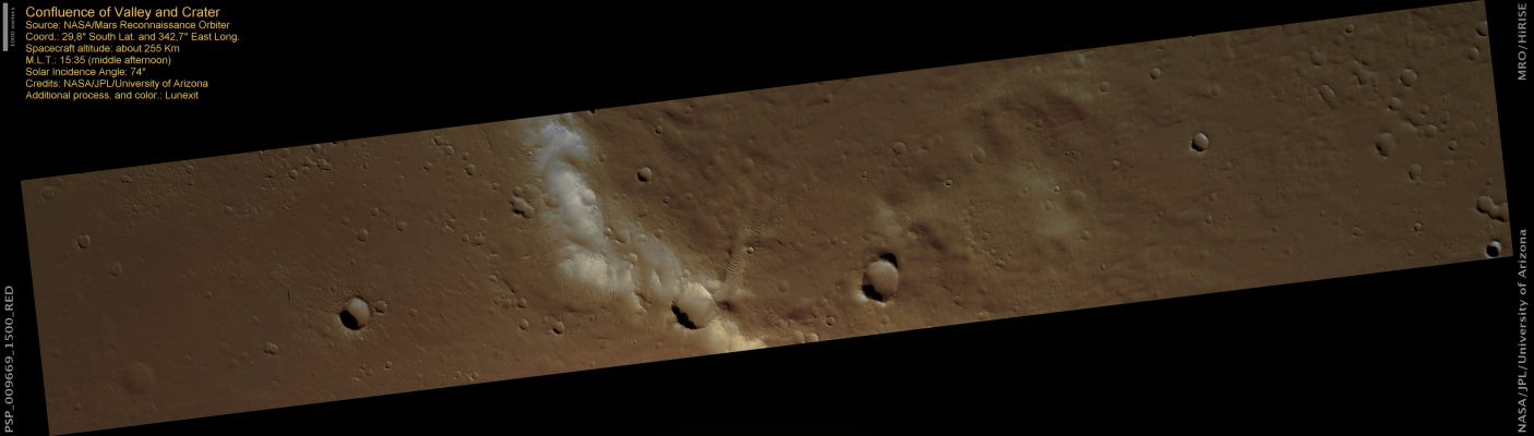 Confluence of Valley and Crater (natural colors; credits: Lunexit)
This image shows the South-Eastern Rim of a large degraded Impact Crater where a Valley breaches the Crater Rim. The Valley itself, no longer pristine, is difficult to locate in the image.
However, it appears to be in the center, near the right of the Crater Rim. It is possible that this Valley transported water into the Crater, forming a lake in the ancient past. 
The scene is peppered with craters of various sizes and states of degradation, indicating that the surface is not young. 
A few craters are young enough to still have raised rims. One of these, located on the floor of the larger crater, has distinct raised ejecta radiating out from it.
The crater also has dunes on its floor, indicating that aeolian processes have modified it since it formed.
Parole chiave: Mars from orbit - Craters - Unnamed Crater Floor