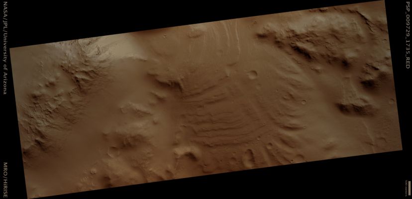 Terraced Fan in Aeolis Planum Region (possible True Colors; credits: Lunar Explorer Italia)
This image shows the South-Western Region of a degraded crater’s floor, located near the Equator. The high-standing ridge near the left side of the scene is a terrace that slumped off the crater’s rim (located to the far left of this frame, but out of the image). The bumpy terrain near the bottom of the image is also material that has slumped off the crater rim.

The center of the image contains a terraced fan. The fan emanates from a valley (not pictured, located in the lower part of the scene) that intersects the crater’s south rim, which suggests that the valley might have transported fluid, likely water, into the crater. If this happened, then the fan marks where the flow deposited its sediment.

Mars Local Time: 15:29 (early afternoon)
Coord. (centered): 6,5° South Lat. and 141,2° East Long.
Spacecraft altitude: 266,7 Km (such as about 166,7 miles) 
Original image scale range: 26,7 cm/pixel (with 1 x 1 binning) so objects ~80 cm across are resolved 
Map projected scale: 25 cm/pixel 
Map projection: EQUIRECTANGULAR 
Emission Angle: 6,2° 
Phase Angle: 63,8°
Solar Incidence Angle: 59° (meaning that the Sun is about 31° above the Local Horizon)
Solar Longitude: 116,8° (Northern Summer)
Credits: NASA/JPL/University of Arizona
Additional process. and coloring: Lunar Explorer Italia
Parole chiave: Mars from orbit - Aeolis Planum Region