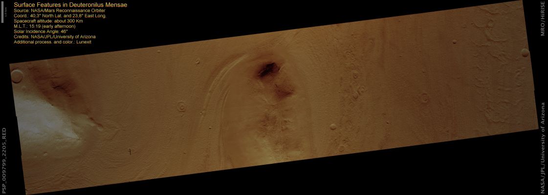 Features of Deuteronilus Mensae (natural colors; credits: Lunexit)
This image shows Lineated Valley Fill and Lobate Debris Aprons in the Deuteronilus Mensae Region. Deuteronilus Mensae is located on the northern edge of Arabia Terra and borders the high-standing, heavily-cratered Southern Hemisphere and the low, uncratered plains that cover most of the Northern Hemisphere of Mars. 
The Region is characterized by Hills and Mesas surrounded by debris Slopes and broad Valleys.

Many of the valley floors in the Deuteronilus Mensae Region exhibit complex alignments of small Ridges and Pits often called “Lineated Valley Fill”. 
The cause of the small-scale texture is not well understood, but may result from patterns in ice-rich soils or ice loss due to sublimation (ice changing into water vapor). 

The linear alignment may be caused by downhill movement of ice-rich soil or by glacial flow. 
For example, flowing ice on Earth typically develops wrinkles or ridges and pits due to stresses in the ice as it moves. 
The result is flow patterns, called “stream lines” that follow the valleys and curve around obstacles. In this image, stream lines are diverted or curve around the Mesas.

The mesas in this image are also surrounded by aprons of debris that appear to have flowed away from the Mesa. Recent results from the SHAllow RADar (SHARAD) instrument, another instrument onboard the Mars Reconnaissance Orbiter, indicate that lobate debris aprons in Deuteronilus Mensae, similar to those visible here, are composed of material dominated by ice [Plaut et al., 2008] and are interpreted to be potential debris-covered glaciers or rock glaciers. 

The Debris Aprons in this image appear to lie on top of the Lineated Valley Fill and are therefore probably younger deposits.
Parole chiave: Mars from orbit - Deuteronilus Mensae Region