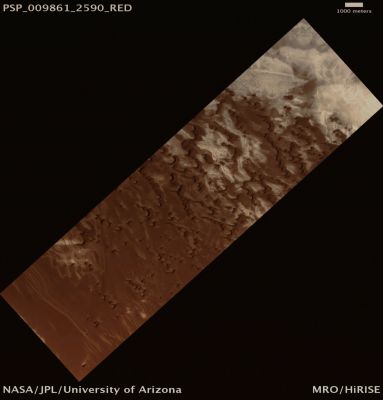North Polar Terrain (possibe True Colors; credits: Lunar Explorer Italia)
Mars Local Time: 14:49 (early afternoon)
Coord. (centered): 78,8° North Lat. and 120,4° East Long.
Spacecraft altitude: 321,3 Km (such as about 200,8 miles) 
Original image scale range: 64,3 cm/pixel (with 1 x 1 binning) so objects ~1,93 mt across are resolved 
Map projected scale: 50 cm/pixel 
Map projection: EQUIRECTANGULAR 
Emission Angle: 6,4° 
Phase Angle: 55,4°
Solar Incidence Angle: 61° (meaning that the Sun is about 29° above the Local Horizon)
Solar Longitude: 121,6° (Northern Summer)
Credits: NASA/JPL/University of Arizona
Additional process. and coloring: Lunar Explorer Italia
Parole chiave: Mars from orbit - North Polar Features - Dunes