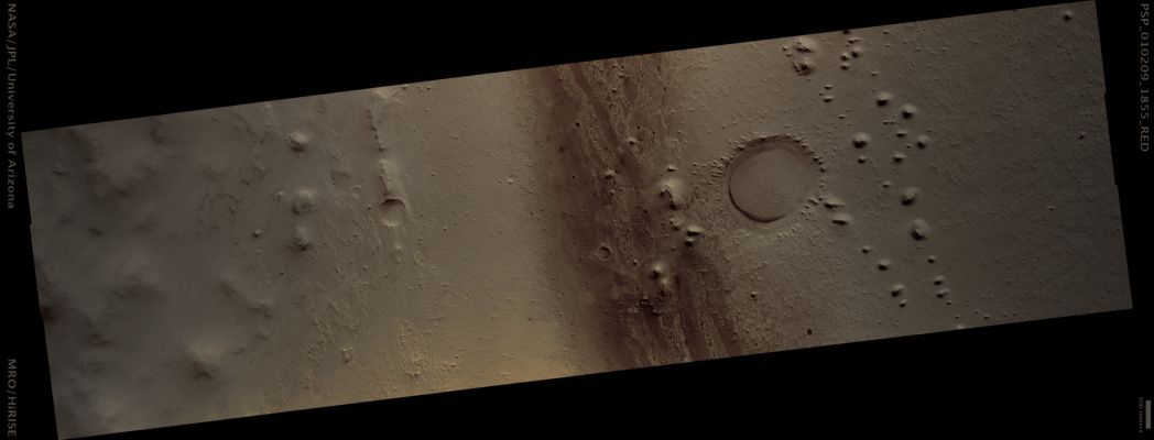 Where the Waters flew... (possible True Colors; credits: Lunar Explorer Italia)
Mars Local Time: 15:34 (middle afternoon)
Coord. (centered): 5,6° North Lat. and 355,5° East Long.
Spacecraft altitude: 274,8 Km (such as about 171,8 miles) 
Original image scale range: 27,5 cm/pixel (with 1 x 1 binning) so objects ~55 cm across are resolved 
Map projected scale: 25 cm/pixel 
Map projection: EQUIRECTANGULAR 
Emission Angle: 2,6° 
Phase Angle: 56,1°
Solar Incidence Angle: 54° (meaning that the Sun is about 36° above the Local Horizon)
Solar Longitude: 134,5° (Northern Summer)
Credits: NASA/JPL/University of Arizona
Additional process. and coloring: Lunar Explorer Italia
Parole chiave: Mars from orbit - Peri-Equatorial Surface Features