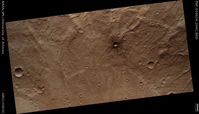 Fresh Impact Crater (Natural Colors; credits: Lunar Explorer Italia)
Mars Local Time: 15:34 (middle afternoon)
Coord. (centered): 24,1° North Lat. and 182,5° East Long.
Spacecraft altitude: 291,6 Km (such as about 182,3 miles) 
Original image scale range: 29,2 cm/pixel (with 1 x 1 binning) so objects ~88 cm across are resolved 
Map projected scale: 25 cm/pixel
Map projection: EQUIRECTANGULAR 
Emission Angle: 7,9° 
Phase Angle: 59,9°
Solar Incidence Angle: 52° (meaning that the Sun is about 38° above the Local Horizon)
Solar Longitude: 150,7° (Northern Summer)
Credits: NASA/JPL/University of Arizona
Additional process. and coloring: Lunar Explorer Italia
Parole chiave: Mars from orbit - Craters - Unnamed Crater in the Northern Lowlands