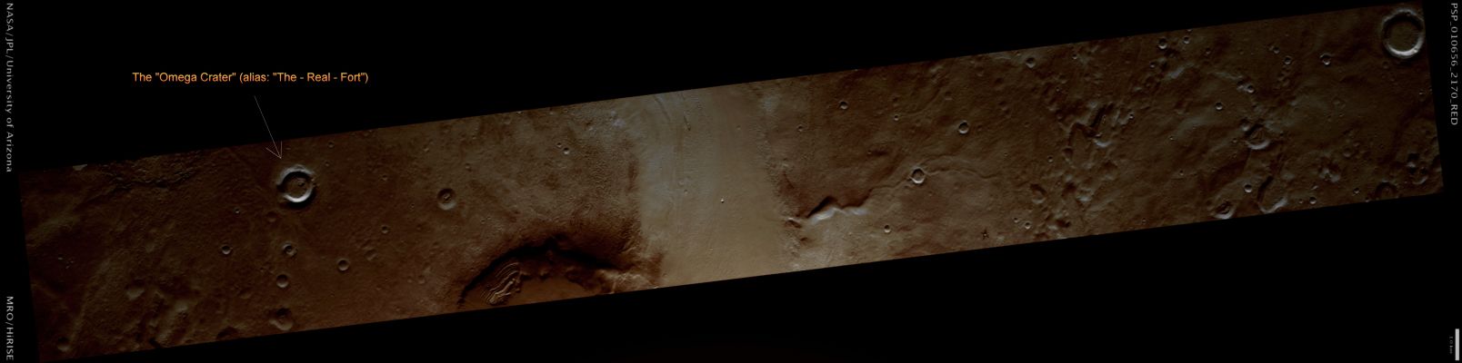 The "Omega" Crater of Ismenius Lacus (possible True Colors; credits: Lunar Explorer Italia)

Per gli amanti dei Misteri Orbitali e delle possibili "Forme Assonanti" (con questa definizione si intendono tutti i rilievi superficiali situati su mondi extraterrestri i quali, in ragione della loro distanza dal punto di osservazione, o per motivi oggettivi - ex.: affinità morfologica -, o per entrambe le ragioni, richiamano alla mente dell'Osservatore dei rilievi superficiali artificiali che sono individuabili sulla Terra), ecco a Voi il (piccolo) "Cratere Omega".

Il nome del cratere (battezzato da noi e quindi, ufficialmente, ancora "Unnamed") lo abbiamo scelto in ragione della sua forma inequivocabile (che ricorda una "Omega", appunto), ma il mistero che lo caratterizza è dato da almeno due eccellenti motivi: 1) la sua forma (che è - quasi - perfettamente circolare e 2) la lacuna di rim sul suo versante Nord (Sx dell'Osservatore).

Una lacuna decisamente bizzarra non solo perchè i suoi margini sono smussati e regolari (vedere per credere!), ma anche perchè, se si fosse trattato - come è comunque probabile che sia - di un cedimento naturale, allora c'è davvero da chiedersi che fine avranno mai fatto i detriti derivati dal crollo...

Insomma: se si vuole, se c'è pazienza nella ricerca e nello studio, se si possiede un pizzico di immaginzione e, soprattutto, se e quando si OSSERVA BENE, di rilievi superifciali ambigui (come minimo) se ne possono trovare OVUNQUE!

Ed è quest'ultimo dato (la localizzazione: OVUNQUE) che ci spinge, talvolta, a ritenere che le storie sull'esistenza di una possibile - ma antichissima - Civiltà Marziana potrebbero possedere un minimo di sostanza (comunque ancora tutta da ricercare e dimostrare, DIMENTICANDO - se possibile - Cydonia Mensae).

Parole chiave: Mars from orbit - Controversial Surface Feature - The "Omega Crater"