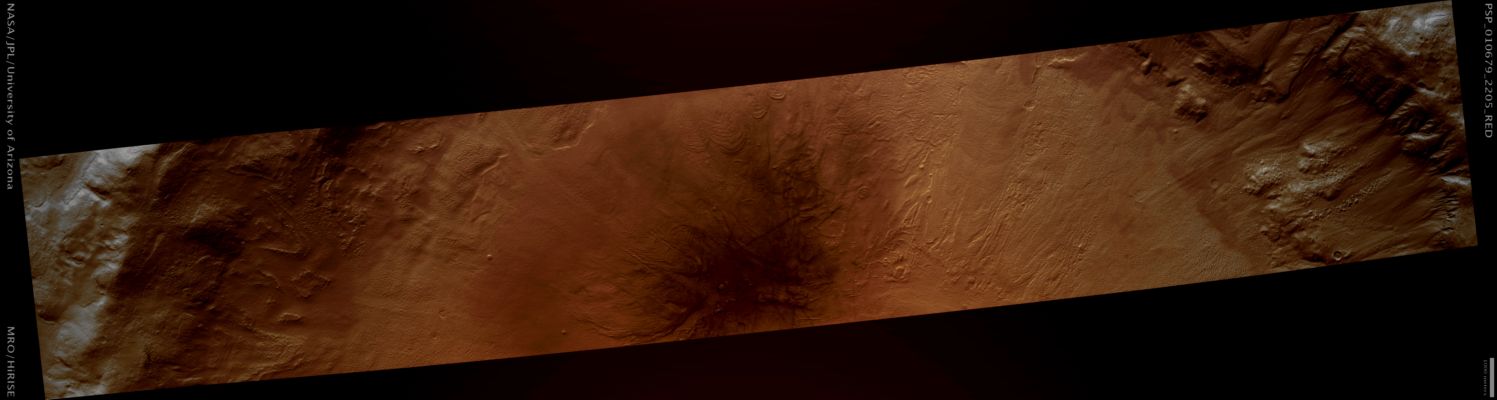 Equator-Facing Slope with Gullies (Natural Colors; credits: Lunar Explorer Italia)
Mars Local Time: 15:37 (middle afternoon)
Coord. (centered): 40,3° North Lat. and 120,2° East Long.
Spacecraft altitude: 304,2 Km (such as about 190,1 miles) 
Original image scale range: 60,9 cm/pixel (with 1 x 1 binning) so objects ~1,83 mt across are resolved 
Map projected scale: 50 cm/pixel
Map projection: EQUIRECTANGULAR 
Emission Angle: 8,8° 
Phase Angle: 47,2°
Solar Incidence Angle: 56° (meaning that the Sun is about 34° above the Local Horizon)
Solar Longitude: 152,9° (Northern Summer)
Credits: NASA/JPL/University of Arizona
Additional process. and coloring: Lunar Explorer Italia
Parole chiave: Mars from orbit - Craters - Unnamed Crater with Gullies