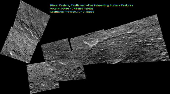 Rhea (Image-Mosaic; credits: Dr G. Barca)
Dedicato ai Ragazzi di Pasadena ed allo Space Science Institute (che ci offre, quest'ultimo, dei prodotti fotografici - spesso - inguardabili).
Parole chiave: Saturn's Moon - Rhea