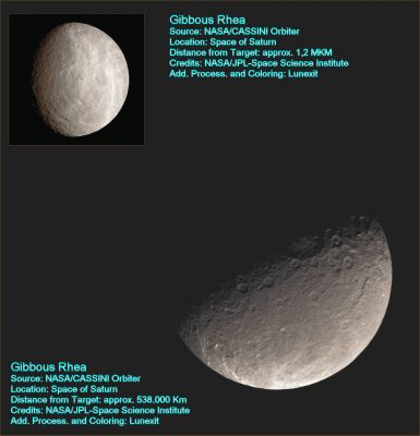 Gibbous Rhea (natural colors; credits: Lunexit)
Caption NASA (relativa al frame di Sx):"Bright, wispy markings cover the Trailing Hemisphere of Rhea. The features are thought to be similar in nature to the bright, icy canyons seen on Dione. 
North on Rhea is up and rotated 17° to the left. 

The image was taken in visible green light with the Cassini spacecraft narrow-angle camera on July 22, 2007. The view was acquired at a distance of approx. 1,2 MKM (about 700.000 miles) from Rhea and at a Sun-Rhea-spacecraft, or phase, angle of 42°. 
Image scale is roughly 7 Km (approx. 4 miles) per pixel".
Parole chiave: Saturn's Moons - Rhea