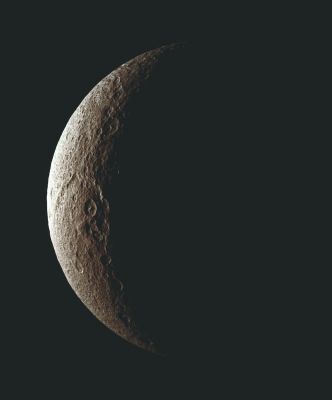 Rising Rhea (natural colors; credits: Lunexit)
Caption NASA:"The low illumination angle near the Terminator makes visible the steep topography of craters on Rhea's battered surface. This view is centered on 10° North Latitude, 128° West Longitude. 

The image was taken in visible light with the Cassini spacecraft narrow-angle camera on Nov. 16, 2007. The view was obtained at a distance of approx. 313.000 Km (such as about 195.000 miles) from Rhea and at a Sun-Rhea-spacecraft, or phase, angle of 128°. Image scale is 2 Km (a little more than 1 mile) per pixel".
Parole chiave: Saturn's Moons - Rhea