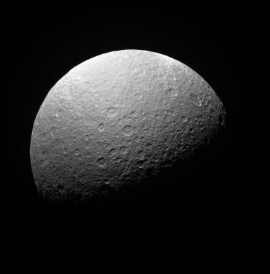The South Polar Region of Rhea
Caption NASA:"The Cassini Spacecraft surveys the South Polar Region of icy Rhea. 
Cassini flybys have shown that Rhea is not differentiated, or separated into distinct layers; instead, it appears to be a mixture of approx. 75% ices and 25% rock and metal. Saturn's second-largest moon, Rhea, is about 1528 Km (approx. 949 miles) wide. 

The image was taken with the Cassini Spacecraft narrow-angle camera on April 12, 2008 using a spectral filter sensitive to wavelengths of ultraviolet light centered at 338 nanometers. The view was acquired at a distance of approx. 345.000 Km (such as about 214.000 miles) from Rhea and at a Sun-Rhea-Spacecraft, or Phase, angle of 73°. 
Image scale is roughly 2 Km (a little more than 1 mile) per pixel".
Parole chiave: Saturn's Moons - Rhea