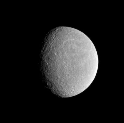 Rhea
Caption NASA:"The sun's low angle near the Terminator highlights the topography of craters within Rhea's wispy terrain. (...)
This view looks toward the Trailing Hemisphere of Rhea (approx. 1528 Km, or 949 miles across). North is toward the top of the image. 

The image was taken in visible light with the Cassini Spacecraft narrow-angle camera on June 10, 2008. The view was acquired at a distance of approx. 758.000 Km (such as about 471.000 miles) from Rhea and at a Phase Angle of 51°. 
Image scale is roughly 5 Km (a little more than 3 miles) per pixel".
Parole chiave: Saturn's Moon - Rhea