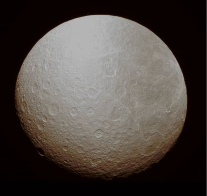 Rhea (possible True Colors credits: Lunar Explorer Italia)
Caption NASA:"The Cassini Spacecraft's narrow-angle camera captured Saturn's moon Rhea as it gradually slipped into the Planet's (i.e.: Saturn) shadow — an event known as "ingress" — on Aug. 19, 2008. 

This image was acquired by NASA's Cassini Spacecraft at a Solar Phase, or Sun-Rhea-Spacecraft, angle of about 28° and at a distance from Rhea of approx. 450.000 Km (about 280.000 miles). Image scale is roughly 2,7 Km (about 1,7 miles) per pixel".
Parole chiave: Saturn's Moon - Rhea