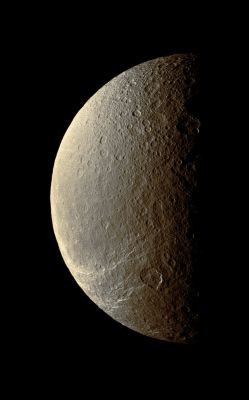 Rhea (Natural Colors; credits: Lunar Explorer Italia)
Caption NASA:"The Terminator between light and dark throws Rhea's cratered surface into stark relief while the Southern Hemisphere is scored by bright icy cliffs. 
North on Rhea is up and rotated 42° to the right in this 2-tile mosaic. This view looks toward the Leading Hemisphere of Rhea (approx. 1528 Km, or about 949 miles across). 

The image was taken in visible light with the Cassini spacecraft narrow-angle camera on Feb. 2, 2009. The view was acquired at a distance of approx. 181.000 Km (such as about 112.000 miles) from Rhea and at a Sun-Rhea-Spacecraft, or Phase, Angle of 91°. 
Image scale is roughly 1 Km (about 3300 feet) per pixel".
Parole chiave: Saturn's Moon - Rhea