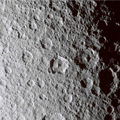 Craters with Peak near Rhea's Terminator (natural colors; elab. Lunexit)
Caption NASA:"W00034593.jpg was taken on August 30, 2007 and received on Earth August 30, 2007. The camera was pointing toward RHEA that, at the time, was approx. 8.263 Km away, and the image was taken using the CL1 and CL2 filters. 
This image has not been validated or calibrated".
Parole chiave: Saturn's Moons - Rhea