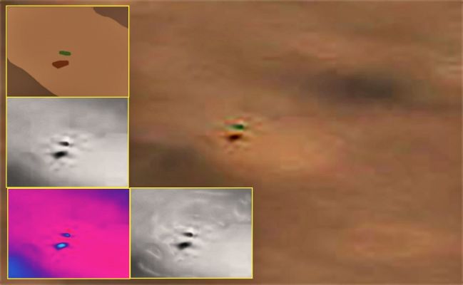 Martian "Fly"? - Sol 3 (Image-Mosaic; credits for the add. process. and mgnf.: Lorenzo Leone)
Che cosa stiamo guardando? 

Un mero e bizzarro effetto ottico derivante da un vizio dell'immagine (image-artifact) oppure c'é effettivamente qualcosa di molto piccolo - e di colore verde - che sta volando vicinissimo al suolo e proietta la propria ombra sul medesimo? Attenzione: il rapporto fra il presunto "oggetto" e l'ombra che sembra proiettare, tenutosi conto della posizione del Sole al momento dello scatto, é coerente. 

Noi non possiamo essere certi di nulla, ma abbiamo il Dovere di farVi osservare e spingerVi alla riflessione. Ma siamo proprio certi che su Marte non vi sia nulla di "vivente", ma solo sabbia, polvere e macigni?!? 

Noi no. 

Tuttavia il Tempo - che é Galantuomo - un giorno ci/Vi farà sapere chi aveva ragione e chi torto. Chi ha preso sviste e, conseguentemente, ha operato analisi errate (ancorché e SEMPRE in Buona Fede!) e chi ha, semplicemente, occultato (si fa per dire...) dati ed informazioni dietro l'ormai ridicolo, abusato e tristemente paradigmatico "Scientificamente (e Politicamente) Corretto".

Complimenti al nostro Amico e Partner Lorenzo Leone per il Lavoro fatto, sulla base di un'osservazione operata dal Sig. Gino Schiavone, che ringraziamo ancora
Parole chiave: Martian Rover Perseverance - Possible Anomaly