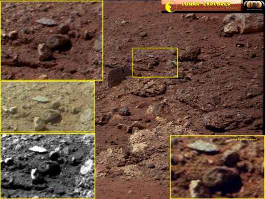 Extremely unusual Surface Feature near Curiosity - Sol 3 and 13 (an Image-Mosaic by Dr Gianluigi Barca/Lunar Explorer Italia/Italian Planetary Foundation)
Effetto ottico o, effettivamente, una curiosa figura "serpentina" (simile ad un fossile, che pare disegnare una lettera "G") è stata più volte ripresa dal Rover Curiosity sin dal Terzo Sol di permanenza su Marte, Regione di Gale Crater? Nessuna certezza, solo qualche immagine, che Vi mostriamo sperando che Voi possiate suggerirci qualcosa al riguardo...
Parole chiave: Marftian Surface - Gale Crater - Controversial - Proximities of the Landing Site