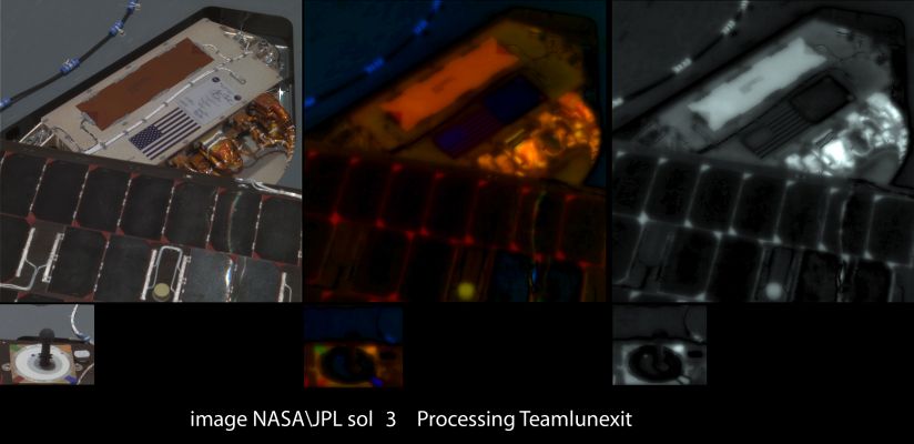 The American Flag, in the Sun of Mars... - Sol 3 (an Image-Mosaic in Natural and False Colors by Dr Marco Faccin - Lunexit Team)
Splendida ed incommentabile...
Parole chiave: Spacecraft - MER Spirit - American Flag