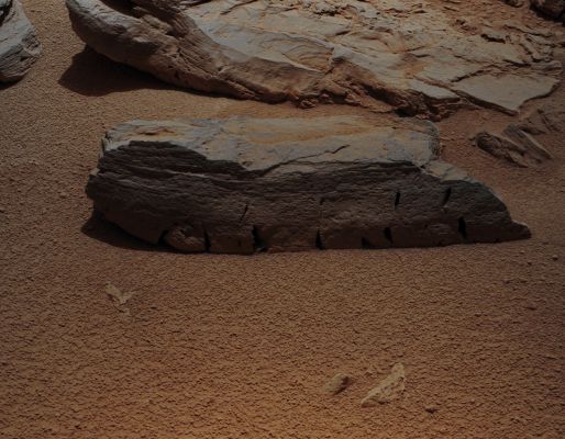 Rocknest 3 - Sol 59 (Absolute Natural Colors; credits for the additional process. and color.: Dr Paolo C. Fienga/Lunar Explorer Italia/Italian Planetary Foundation)
This view of a Martian Rock nicknamed "Rocknest 3" combines 4 (four) images taken by the right-eye camera of the Mast Camera (MastCam) Instrument located onboard the NASA - Mars Exploration Rover - Mars Laboratory "Curiosity", which has a telephoto, 100-millimeter-focal-length lens. The component images were taken a few minutes after Martian noon (---> 12:00 Mars Local Solar Time) on the 59th Martian Day, or Sol, of Curiosity's operations at Gale Crater, Mars. 
Rocknest 3 is a Sedimentary Rock approximately 15" (such as about 40 centimeters) long and about 4" (approx. 10 centimeters) tall; next to "Rocknest 3" there is a patch of windblown Dust and Sand where Curiosity scooped and analyzed several Soil Samples. The MastCam was about 13 feet (approx. 4 meters) from Rocknest 3 when the component images were taken, thus providing an image scale of about 0,01" (approx. 0,3 millimeter) per pixel.

This picture (which is an Original NASA - Mars Exploration Rover - Mars Laboratory "Curiosity" white-balanced color frame published on the NASA - Planetary Photojournal with the ID n. PIA 16452) has been additionally processed and then re-colorized in Absolute Natural Colors (such as the colors that a human eye would actually perceive if someone were near the NASA - Mars Exploration Rover (MER) - Mars Laboratory "Curiosity" and then looked down, towards the Rock known as Rocknest 3), by using an original technique created - and, in time, dramatically improved - by the Lunar Explorer Italia Team. Different colors, as well as different shades of the same color, mean, among other things, the existence of different Elements (Minerals) present on the Surface of Gale Crater, each having a different Albedo (---> Reflectivity) and Chemical Composition.
Parole chiave: Martian SUrface - Rock - Gale Crater - "Rocknest 3"
