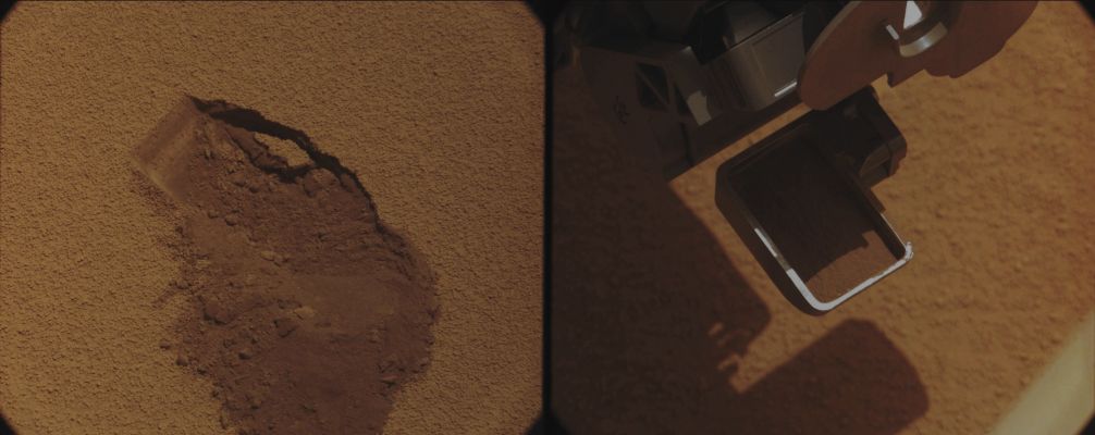 First "Scoop" at Gale - Sol 61 (Absolute Natural Colors; credits for the additional process. and color.: Dr Paolo C. Fienga/Lunar Explorer Italia/Italian Planetary Foundation)
Caption NASA:"This pairing illustrates the first time that the NASA's Mars Exploration Rover Curiosity collected a scoop of Soil on Mars. It combines two raw images taken on the mission's 61st Martian Day, or Sol (such as October, 7, 2012) by the right camera of the Rover's two-camera Mast Camera (Mastcam) instrument. The right Mastcam, or Mastcam-100, has a telephoto, 100-millimeter-focal-length lens.
The image on the left shows the Ground at the location "Rocknest" after the scoop of Sand and Dust had been removed. The image on the right shows the Sandy and Dusty Material inside the Rover's Scoop, which is 1,8" (inches - such as approx. 4,5 centimeters) wide, and 2.8" (about 7 centimeters) long".
Parole chiave: Martian Surface - Gale Crater - Disturbed Terrain - Proximities of the Landing Site