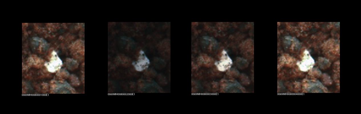 Bright Soil Particle at Rocknest - Sol 69 (an Image-Mosaic in Natural Colors; credits for the additional process. and color.: Elisabetta Bonora and Marco Faccin/Lunar Explorer Italia/Italian Planetary Foundation)
These four (4) images show an interesting detail found in a small Pit (or "Bite") created when the NASA - Mars Exploration Rover and Laboratory "Curiosity" collected its second scoop of Martian Soil at a Sandy Patch nicknmaed "Rocknest." The bright Soil Particle visible in the center of each of the four images - which is basically very similar to other particles located elsewhere in the Pit itself, but not visible here - caused a certain and immediate concern because a small, light-toned shred of Debris from the Spacecraft had already been observed just a few Soles before, in a nearby location. However, in this case, the Mission's Science Team assessed that this bright Soil Particle which has ben exposed and scooped in the Pit, is to be considered as Native Martian Material, rather than another Debris coming from the Spacecraft. 
These four images were all taken by the Mars Hand Lens Imager (MAHLI) Camera that is positioned on Curiosity's Robotic Arm during the 69th Martian Day, or Sol, of its Mission (such as October, 15, 2012) at Gale Crater, and about a week after the Scoop dug this little hole. The view here covers an area of ground which is less than half a centimeter across. 
These four images, which are all NASA - Mars Exploration Rover and Laboratory "Curiosity" b/w frames (identified by the serial n. visible in the lower left side of each picture) have been additionally processed and then colorized in Natural Colors (such as the colors that a perfect human eye - or an Electronic Eye - would actually perceive if someone were on the Surface of Gale Crater - Mars -, near the NASA - Mars Exploration Rover and Laboratory "Curiosity", and then looked down, towards the little Pit excavated on the Surface, by using an original technique created - and, in time, dramatically improved - by the Lunar Explorer Italia Team.
Parole chiave: Marftian Surface - Gale Crater - Bright Soil Particle
