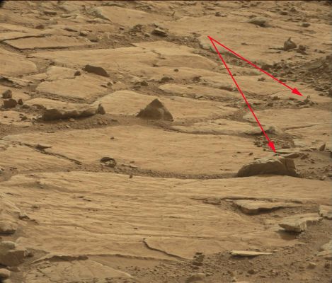 Extremely unusually-looking Surface Features on the Floor of Gale Crater - Sol 198 (Calibrated Natural Colors; EDM: Absolute Natural Colors - Credits: Dr Gianluigi Barca/LXTT/IPF)
Vi suggeriamo di focalizzare la Vostra attenzione sulla Feature situata più in basso rispetto al punto di osservazione di Curiosity. 
L'apparenza, forse (e magari anche spesso), inganna... Ma il dettaglio scuro situato circa ad ore 3 del frame, a noi sembra un "Fungo" che si è piegato su se stesso (che si è "afflosciato" o "flesso", insomma). La texture ed il colore del dettaglio, comunque, mal si sposano con il macigno sul quale esso giace e le rocce che lo circondano e questa coppia di circostanze già ci dovrebbe spingere a pensar bene a quello che REALMENTE stiamo guardando.

Indicato dalla prima freccia, invece, una sorta di "Sauro" ma, in questo caso, visto frontalmente e che mostra occhi (simmetrici) e bocca. Per Onestà Intellettuale, riteniamo questo secondo particolare un possibile - e semplice - effetto ottico (un'illusione ottica, o pareidolia, in altre parole). 

Ma sul "Fungo", sinceramente, noi riteniamo che bisognerebbe riflettere MOLTO BENE!...
Parole chiave: Martian Surface - Controversial - "The Mushroom"