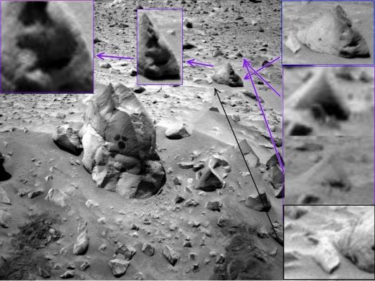 The "Rat" and much more! - Sol 61 (photomosaic; credits: Carlo Contu)
Dal nostro Amico e Socio, Carlo Contu, un intrigante fotomosaico il quale ci mostra - ancora una volta - come la speculazione/boutade sul "Topo Marziano", in fondo, non fosse proprio una sciocchezza. Anzi. Le riflessioni che, ai tempi (quasi 4 anni fa) facemmo sul Topo di Marte, furono la base di partenza per quelle ipotesi e teorie che, oggi, riconoscono alle rocce del Pianeta Rosso (non tutte, ma comunque tante!) una natura ibrida e, dal punto di vista di noi terrestri, totalmente "Aliena ed Esotica": stiamo parlando, infatti, delle cosiddette "pseudo-rocce", ossìa dei rilievi superficiali i quali "sembrano" dei comuni sassi, ma che poi, alla luce delle loro caratteristiche e peculiarità esteriori (visibilissime anche per occhi non abituati a questo tipo di oggetti), lasciano il Ricercatore/Analista in difficoltà allorchè si tratta di classificarle.

Forme Vitali Esotiche di Superficie? Gusci (come sostiene il Dr Feltri)? Resti di Forme Vitali (fossili, insomma)? Le domande sono tante e le risposte, per ora (e grazie anche alla reticenza ed al timore che gli Scienziati hanno allorchè si tratta di affrontare questi temi "a rischio carriera, credibilità, fondi di ricerca etc."), latitano.

In questo foto-mosaico, abbiamo una interessantissima ricostruzione NON SOLO del "Topo" e della "crepa" dalla quale sembrava sbucare, ma anche di alcuni dettagli ambigui del suolo e di altri rilievi situati negli immediati paraggi del macigno che tanto interessò anche la NASA (stiamo parlando di "Humphrey": il boulder che mostra una frattura sulla sua sommità la quale è tanto curiosa, quanto - in fondo – parzialmente inesplicabile).

Ed ecco le riflessioni e gli interrogativi del nostro Amico Carlo, riguardo questo strano (anzi: stranissimo!) frammento del Paesaggio di Gusev:"...Le principali anomalie visibili sono due: "The Rat" e le "Antennae". 

The Rat: nel frame successivo al Topo, si vede una sorta di conchiglia ed è evidente che il Topo, per “chiuderla”, potrebbe aver preso il "lembo" Dx (dell'Osserv.) e lo abbia tirato in basso, facendo passare in primo piano il "lembo" Sx. E' possibile anche intravedere una sorta di "peluria", sollevata dal vento. 
Occhi neri, colore scuro. Come ha fatto notare qualcuno le macchie nere sono ombre.
Inoltre si osservino le pieghe fatte dalla "conchiglia" e che mostrano la non rigidità del materiale; come un raggrinzimento, una piega di stoffa; in pratica non pare per niente una pietra.
Nella parte inferiore della conchiglia, invece, si vede chiarmente una sorta di fune che le gira intorno. A me sembra una struttura biologica non geologica.
L'oggetto a Sx della conchiglia sembra avere dei fili come fosse una collana...
Le Antenne: nel primo frame c'è una sola antenna. Nel secondo se ne intravedono due. Nel primo frame ho l'impressione che si intraveda qualcosa di meccanico, tipo un rocchetto...".

Cari Amici, a prescindere da quello che il bravissimo Sig. Carlo Contu ci segnala e ci porta a guardare con attenzione, esiste – a nostro parere – un dato fondamentale il quale, proprio perchè ricorrente, potrebbe costituire la "chiave di volta" (o almeno una delle Chiavi di Volta) nell'interpretazione di tanti rilievi Marziani bizzarri. Ed il dato è questo: alcuni particolari della superficie NON sono agevolmente associabili - per noi Terrestri - ad elementi i quali hanno una Matrice Geologica; al contrario: noi terrestri tendiamo ad associarli ad elementi che potrebbero avere una Matrice Biologica (o anche Bio-Magnetica, come sostengono i Ricercatori più evoluti e smaliziati).

Si, lo sappiamo che questa riflessione e questo approccio, oggi, possono sembrare solo fantascienza, ma…quanta Scienza, nei secoli, è nata e si è sviluppata proprio partendo da idee, speculazioni ed ipotesi ritenute assurde dai contemporanei di coloro che "intravidero" cose che la maggior parte degli uomini non riusciva neppure ad immaginare?

Pensiamoci sopra e, nel frattempo, rivolgiamo un grande ringraziamento - unito ai nostri più sinceri complimenti - al Sig. Contu per l'ottimo Lavoro svolto e per la paziente sagacia dimostrata.

Per il resto, per avere risposte, dovremo aspettare ancora...A lungo.

Parole chiave: Martian Surface - The Rat and the Antennae