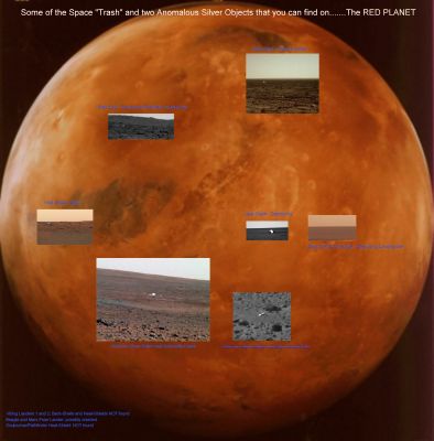 Space Trash and two of the Misteries of the Red Planet
Quanti rottami metallici "Made in USA" e "Made in Europe" possiamo trovare, oggi, sul suolo di Marte? Parecchi, indubbiamente.
Molti Amici, al pari di innumerevoli Appassionati, si sono recentemente (e quasi subito) sbilanciati verso ipotesi "esotiche" allorchè i primi frames panoramici giunti dalla Sonda Phoenix hanno mostrato un vivace scintillìo argenteo sulla Superficie di Vastitas Borealis, non troppo lontano dalla Sonda.
Si è subito pensato a dei "Manufatti Marziani", un pò come era accaduto in passato, per altre Missioni.

Ora, come ben sapete, a noi piace il Mistero e piace l'Investigazione; ma non ci piacciono le strumentalizzazioni o le "palesi boiate". Parlare subito di "alienità", così come è stato fatto per il "punto argenteo" fotografato da Phoenix, è stato non solo un azzardo, ma anche un indice di scarsissima familiarità con quelle analoghe features che hanno caratterizzato quasi tutte le altre missioni felicemente conclusesi con uno "smooth" Landing sul nostro caro e "vecchio" Pianeta Rosso (diciamo "quasi" poichè i Viking Landers 1 e 2 non sono riusciti a fotografare, per quanto ne sappiamo, alcun "detrito" da essi stessi prodotto durante la fase di Landing).

Abbiamo aguzzato la vista (così ottemperando al geniale suggerimento ricevuto dal solito anonimo idiota il quale ha deposto la sua perla di saggezza sul Forum di NEXUS), ed abbiamo ritenuto che fosse una buona idea quella di mostrare anche a Tutti i nostri Lettori ciò che ben si può definire come "Space Trash". 
Ad essa, poi, abbiamo pensato di aggiungere anche un paio di Anomalous Surface Features sulle quali, come è del tutto evidente, la NASA - sebbene sollecitata più e più volte - non ha mai ritenuto che fosse il caso di spendere una o due parole.

Vi invitiamo, inoltre, a rileggerVi l'articolo del Dr Alessio Feltri "Space Heat-Shields", che troverete nella Sezione dedicata alle "Investigazioni". Un ottimo articolo, attuale come non mai, il quale sarà di aiuto e di guida al Lettore ancora inesperto il quale volesse avere un'idea di quello che "sembra essere alieno", ma non lo è, in rapporto ad altri oggetti che, invece, sebbene si facciano enormi sforzi per renderli "terrestri", con ogni probabilità non lo sono.

Buona Lettura!
Parole chiave: Photo-Mosaic