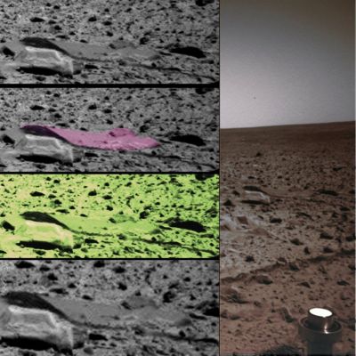 Extremely Unusual Surface Feature (by Dr Marco Faccin)
Il particolare evidenziato in quattro extra-detail mgnf, effettivamente, mal si sposa (vista la sua forma, davvero peculiare...) con il resto del suolo al quale esso accede. 
Il bravissimo Dr Faccin, che lo ha individuato, pensa che si potrebbe trattare di un qualcosa di "flessibile" ed "incurvato", tipo una lastra metallica. Tuttavia, l'elaborazione MULTISPETTRALE in colori naturali, NON ha evidenziato differenze di texture o di albedo fra il particolare controverso ed il resto del paesaggio.

Eppure, osservate bene: il dettaglio è EFFETTIVAMENTE INCONGRUO...

A questo punto, le ipotesi fattibili sono solo tre:

1) Unusual Surface Feature (una delle migliaia...): ossìa una nuova Martian Oddity, tanto bizzarra, quanto naturale;
2) Svista, determinata dalla povera qualità del frame (ciò che "sembra" essere un rilievo sottile - tipo lamiera - è in realtà una dunetta, sfuocata e resa ancora più ingannevole dalla presenza di piccole ombre (forse proiettate da essa stessa o da qualche altro rilievo situato nei suoi pressi;
3) Manipolazione Digitale: ossìa un "digital patch" incollato sul paesaggio e destinato ad occultare un rilievo "proibito" (o "scomodo").

Onestamente, noi propendiamo per l'Ipotesi 1 (ma, nel fare le Vostre analisi, NON dimenticate una cosa: siamo nei pressi della Silver Sphere...).
Parole chiave: Martian Surface - Extremely Unusual Surface Feature