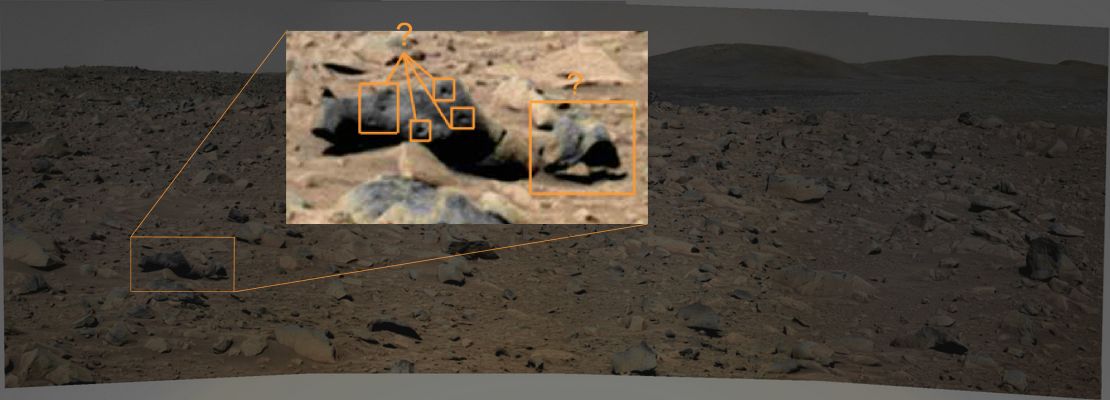 Unusual "Holes" and an "Empty Shell" - Sol 74
Dal nostro Amico e Partner, Enzo Mancuso, una interessantissima puntualizzazione su due rilievi - ormai - piuttosto "familiari", ma ancora immersi nelle nebbie del mistero: abbiamo una roccia piena di "forellini" ed una "roccia guscio".

I "forellini", nonostante la loro innocua apparenza, costituiscono ancora oggi un mistero poichè, se li osservate con attenzione, non si tratta assolutamente di "vescicole", ma di qualcosa d'altro. 
In effetti, i "buchetti" che caratterizzano il cosiddetto "basalto vescicolare" sono qualcosa di ben diverso da quello che vediamo in questo frame (come in tanti altri similari); su tutto, si tratta di forellini con bordi estroversi lacerati e non introversi e lisci.

E scusateci, ma questa differenza non ci sembra trascurabile...Peccato ch la NASA, su questo tipo di feature, non si è mai - ufficialmente - pronunciata. Ma noi la aspettiamo...

Per quanto attiene la "roccia guscio", l'unica cosa che possiamo dire è che, probabilmente, quello che essa conteneva...è già uscito da tempo! 
Se osservate il dettaglio con attenzione, infatti, esso non potrà non ricordarVi un guscio d'uovo così come appare DOPO che il pulcino che conteneva decise di uscire...

Che altro aggiungere? Un "Bravo", di Cuore, ad Enzo Mancuso, che accogliamo con piacere nella nostra Famiglia di Anomaly Hunters!
Parole chiave: Martian Surface - Rocks of various size and shape - Controversial