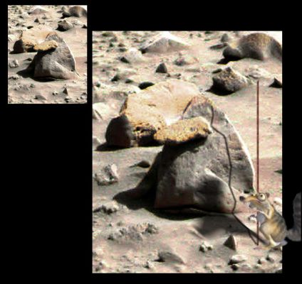 Do you see me? I do not exist! - Sol 108 (processing n. 1; credits: Dr M. Faccin)
Il Lavoro di elaborazione di questo frame e del relativo "rilievo impossibile" svolto dal Grande Dr Marco Faccin sembra dirci alcune cose. Vediamole insieme:

1) la colorizzazione in colori naturali, effettuata utilizzando l'istogramma NASA corretto (ed occulto: il buon Marco ci ha lavorato su 4 mesi prima di "estrarlo" dal caos creato dagli Amici di Pasadena - ed infatti ora non si dovrebbe parlare più di colorizzazione, bensì di "estrazione dei colori" da frame in finto black&white) ci dice che si tratta/potrebbe trattare di un macigno composito. ATTENZIONE: se fosse vero, questo non sarebbe il primo caso di macigno marziano BI o TRI-COLORE!

2) l'effetto ombra ci dice che il macigno maggiore ha una sorta di gradino sul quale, se rigettiamo l'ipotesi per cui si possa trattare di "roccia unitaria a matrice composita", si  potrebbe poggiare la pietra anomala di colore diverso (già, ma...domande: come ha fatto a finire lì, e posizionandosi per giunta in equilibrio palesemente instabile? Chi o che cosa "ce l'ha messa"?!?)

3) colore e texture della porzione di "roccia impossibile" che accede al macigno in primo piano sono analoghi a quelli del boulder che si trova DIETRO alla roccia principale: un caso, una coincidenza o, forse, è qui che è nato l'errore?!?...
Parole chiave: Highly Controversial Frame